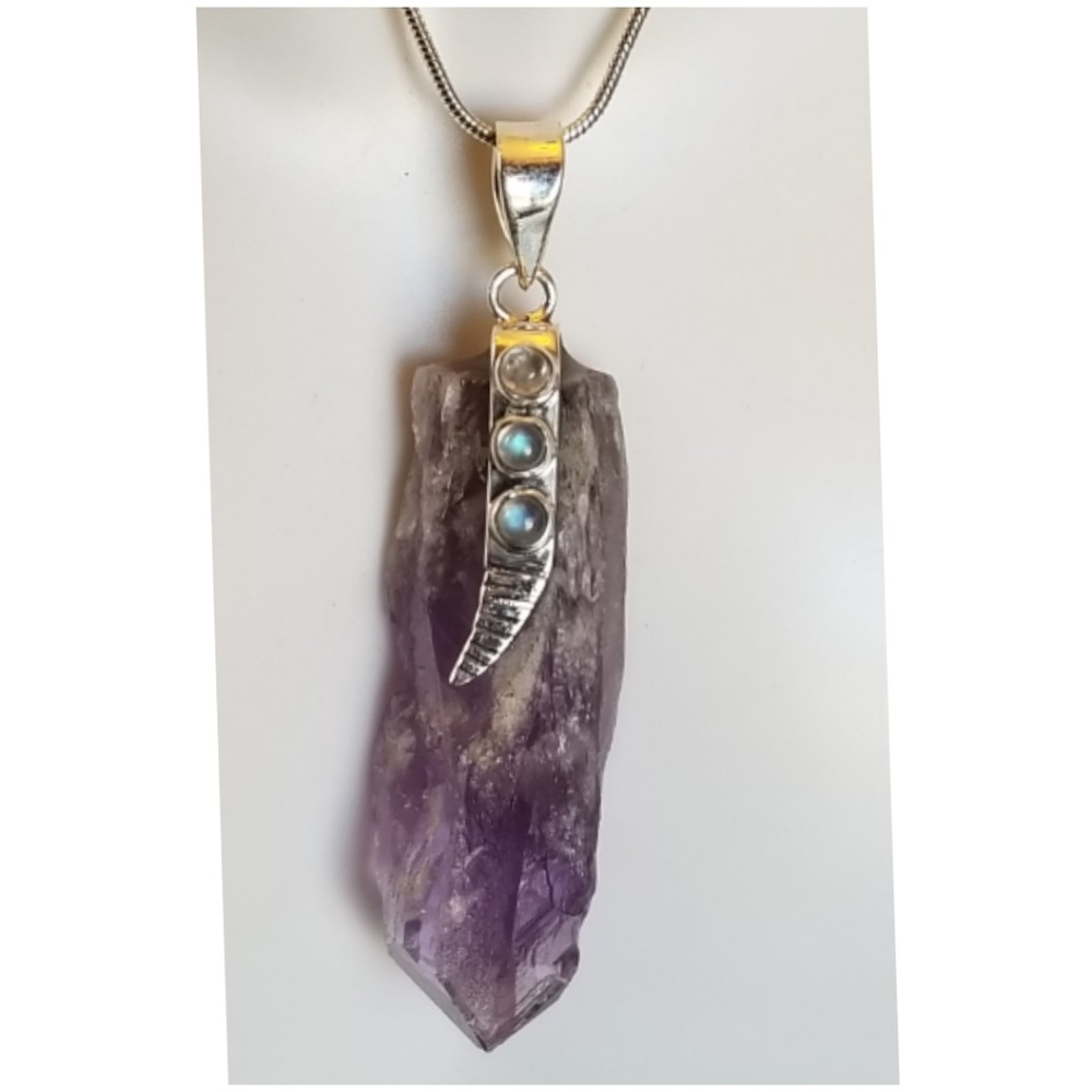 Genuine Amethyst Point/Rainbow Moonstones Pendant